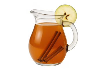 Apple cider in pitcher with cinnamon sticks