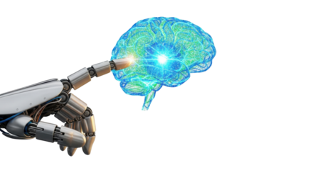 Robot hand touching glowing human brain isolated PNG with Transparent Background