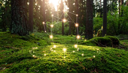 Forest Scene with Glowing Geometric Shape and Green Mossy Ground