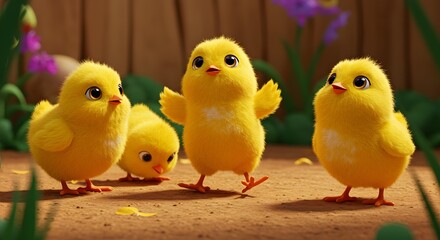 Cute yellow chicks playful