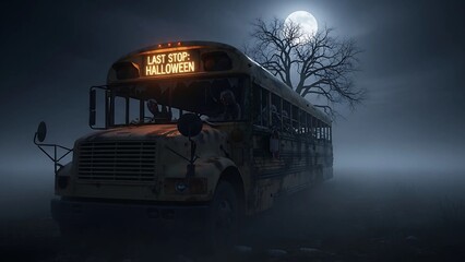 Haunted School Bus with 'Last Stop: Halloween' Sign Under a Full Moon on a Foggy Night