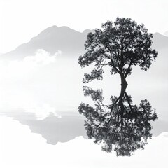 Silhouetted tree reflecting on a misty lake, with mountains in the background