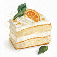 Orange Cake Slice with Mint and Whipped Cream