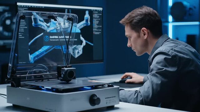 A young engineer focuses on detailed 3D models of drone components while working late at night. The room glows with blue lighting, enhancing the high-tech atmosphere of creativity and innovation.
