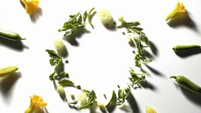 Circular wreath of leafy greens and onion slices on a white background, with yellow blossoms at the edges.