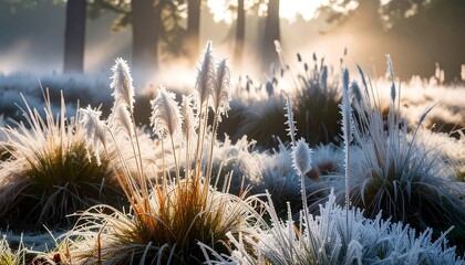 Frost Covered Grasses in a Field at Sunrise with Sunbeams and Fog