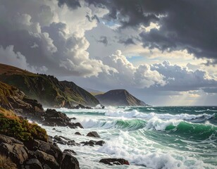 Dramatic coastal scene with powerful waves crashing against rocky shores under a stormy sky.