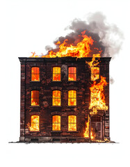 Burning Building: Flames engulf a historic brick building, smoke billowing into the sky, conveying the intensity of a devastating blaze and the drama of urban destruction.