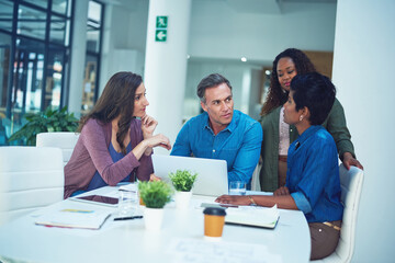 Meeting, teamwork and people in office with laptop, collaboration and advice for project report. Discussion, research and employees at table with tech, problem solving and idea for department brief.