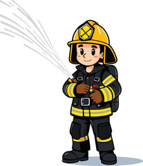 Cartoon Firefighter Character Spraying Water – Child Safety Vector Illustration
