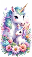 Cute unicorn and foal surrounded by flowers