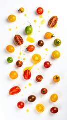Colorful cherry tomatoes in various hues, arranged artistically with splashes of yellow liquid