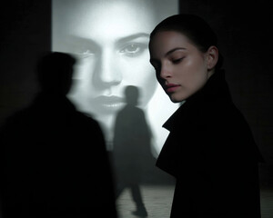 Woman in dark coat stands in front of large projected image of face, creating dramatic contrast. Shadows of people pass by, adding depth and intrigue to scene