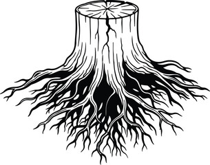 Vector Tree stump with roots on a white background silhouette Illustrator