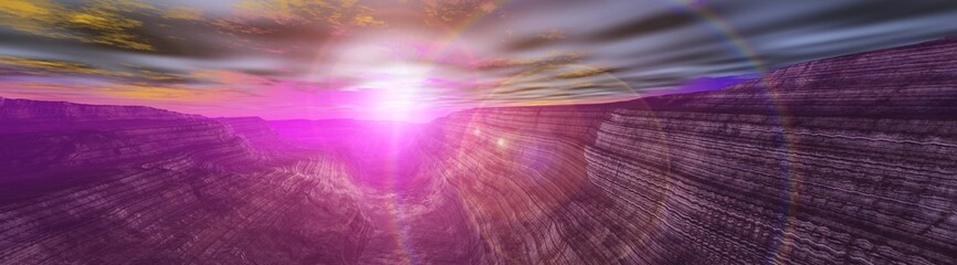 Alien panorama, Mars, surface of Mars, Mars at sunset, 3D rendering