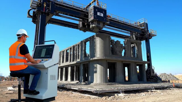 A large 3D printer operates in a wide open field, crafting a modern building structure. An operator skillfully controls the printer, showcasing advanced construction methods.