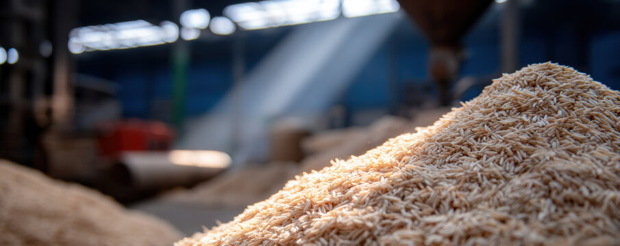 Piles of rice husk near industrial milling equipment create textured landscape, showcasing raw materials used in processing. scene evokes sense of industriousness and productivity