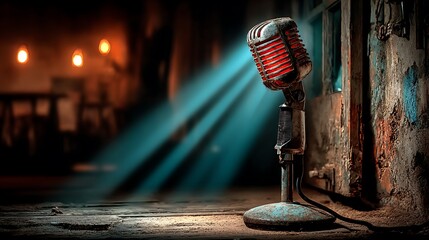 Vintage microphone illuminated with blue stage light high resolution picture
