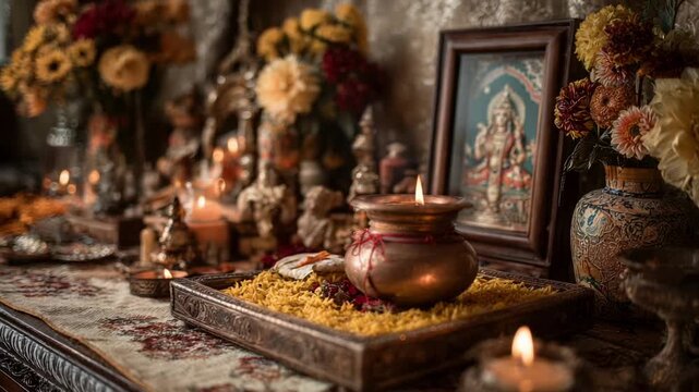 A home altar decorated for Ghatasthapana during Sharad Navratri. It features a copper kalash, candles, flowers, and offerings for Goddess Durga. Indian tradition