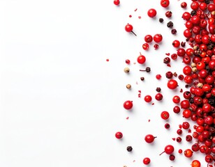 Red and white peppercorns scattered on a white background