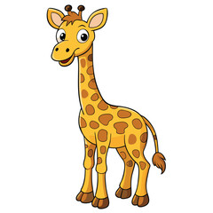 Obraz premium A cheerful cartoon giraffe with a yellow body and brown spots stands smiling broadly