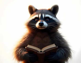 Naklejka premium Realistic raccoon illustration with a serious expression while reading a book on a white background. Perfect for education concepts, smart animals, and literacy designs.