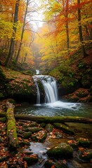 Autumn Waterfall in Forest.