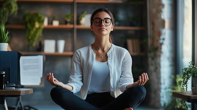 A young woman finds a moment of peace, meditating in her office. This image represents workplace wellness, mindfulness, and managing stress in a corporate environment.