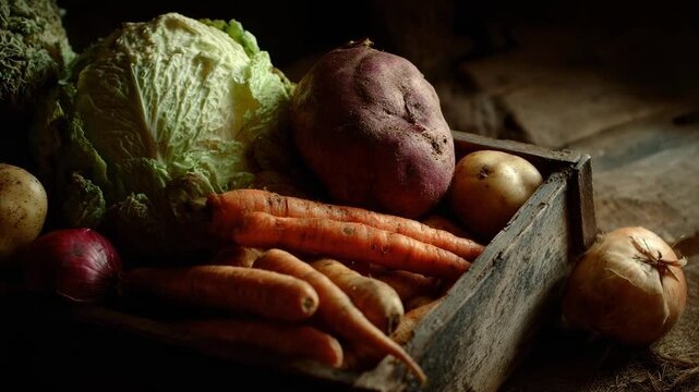 A rustic wooden crate filled with fresh vegetables: lettuce, carrots, potatoes, onions and a beet.