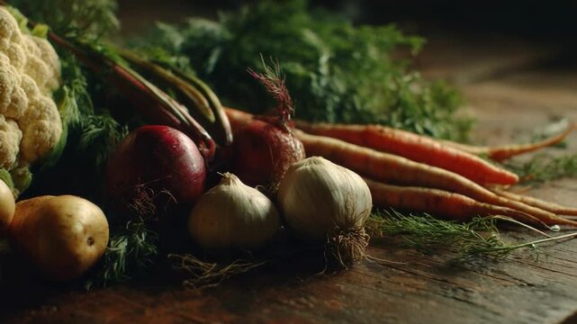 Fresh vegetables on a wooden table: cauliflower, potatoes, onions, garlic, carrots, and dill.