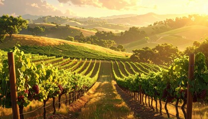 A sprawling vineyard landscape bathed in golden sunlight, showcasing rows of grapevines against rolling hills.