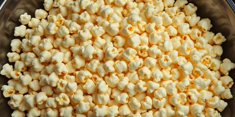A large bowl overflowing with freshly popped popcorn, kernels varying in size and color, cinema, leisure