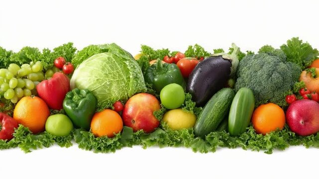 A colorful display of fresh fruits and vegetables arranged in a row, with cabbage, peppers, tomatoes, cucumbers, broccoli and grapes.