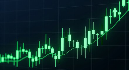 Stock market candlestick chart glowing in green, moving upward