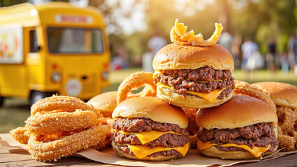 Cheeseburgers and onion rings with food truck