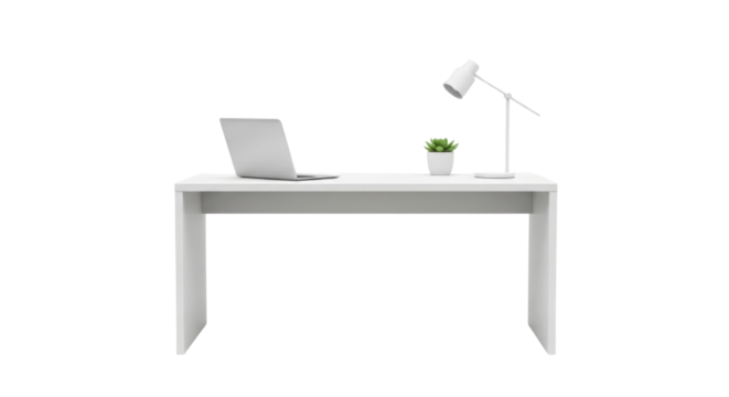 Minimalist white desk setup with laptop, lamp and small plant isolated PNG with Transparent Background - Powered by Adobe