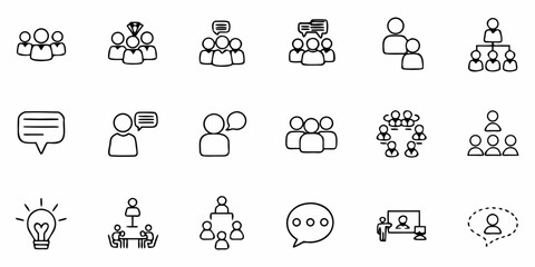 Dynamic set of business icons representing teamwork, communication, leadership, and innovative ideas for modern professional use.