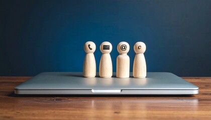 Three wooden figurines with phone, envelope, and @ icons on a laptop—evoking digital connection, communication clarity, and modern outreach.