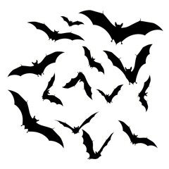 Naklejka premium Mysterious swarm of silhouetted bats flying freely through the air