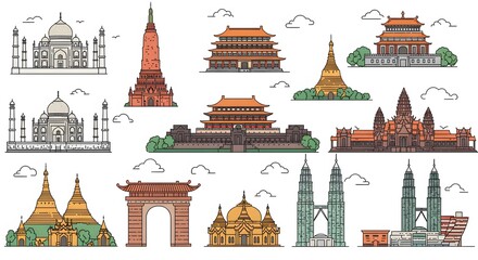 Obraz premium World landmarks line art collection