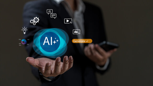 Businessman using mobile and holographic interface to generate AI content, including text, image, and video. Concept of artificial intelligence, digital innovation, and content automation.