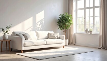 Fototapeta premium A sun-drenched living room boasts a soft white sofa, a leafy plant, and a large window.