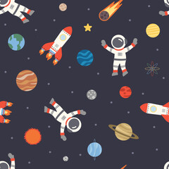 OUTER SPACE seamless pattern wallpaper astronaut themed background repeat texture backdrop cute flat simple minimal illustration editable vector
