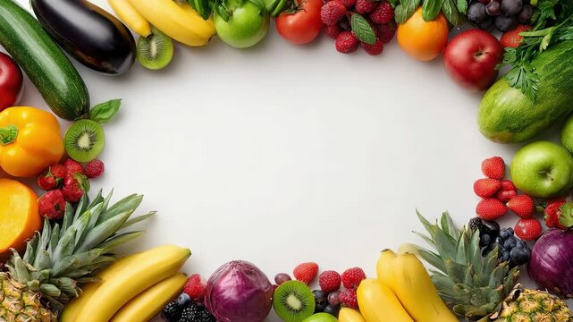 Colorful border of assorted fruits and vegetables arranged around a white center.