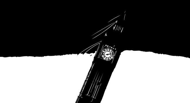 Iconic Big Ben clock tower silhouette against stark black and white sky, evoking drama and urban grandeur for impactful design.