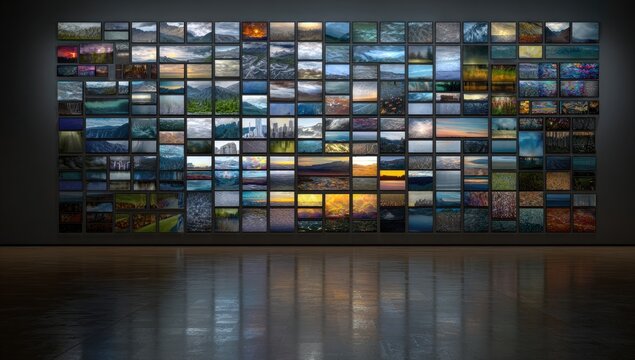 Wall of diverse images, reflecting on floor