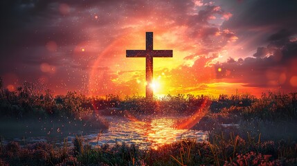Good Friday cross background with dramatic sun flare and glowing sky