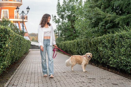 Young woman walking golden retriever on leash in park.