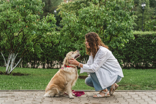 Woman petting golden retriever dog in park. Affectionate moment.