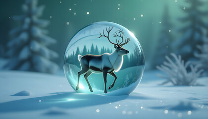 Reindeer in a snow globe in a winter wonderland scene with snow covered trees.